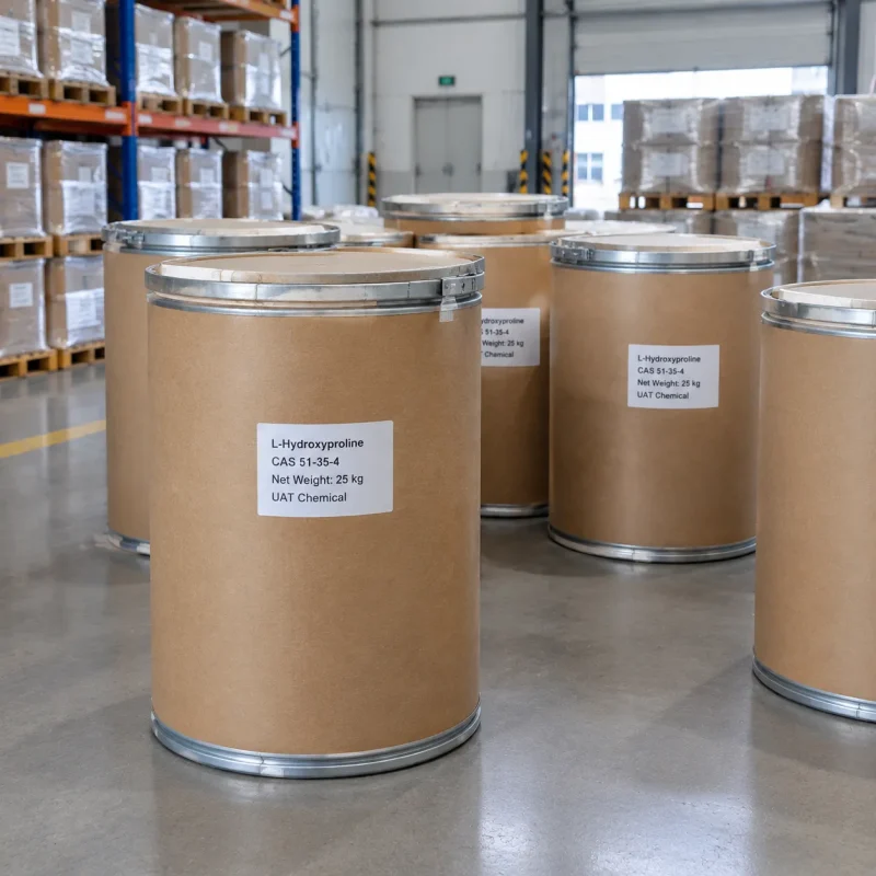 Multiple 25kg fiber drums of L-Hydroxyproline CAS 51-35-4 stored in a warehouse.