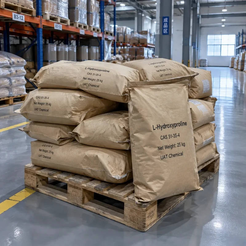 Stacked 25kg paper bags of L-Hydroxyproline CAS 51-35-4 on a wooden pallet in warehouse.