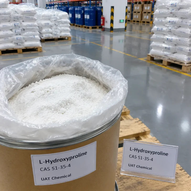 Open fiber drum showing white powder of L-Hydroxyproline CAS 51-35-4 with product label.