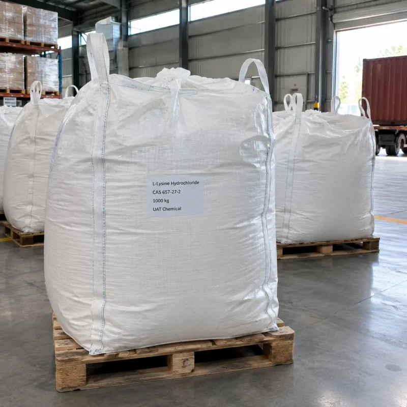 Large white FIBC bag labeled L-Lysine Hydrochloride CAS 657-27-2 1000 kg on a wooden pallet.
