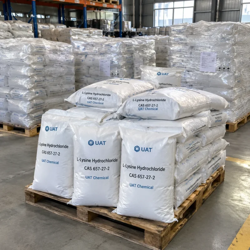 Stacked white 25kg bags of L-Lysine Hydrochloride CAS 657-27-2 on a wooden pallet in a warehouse.