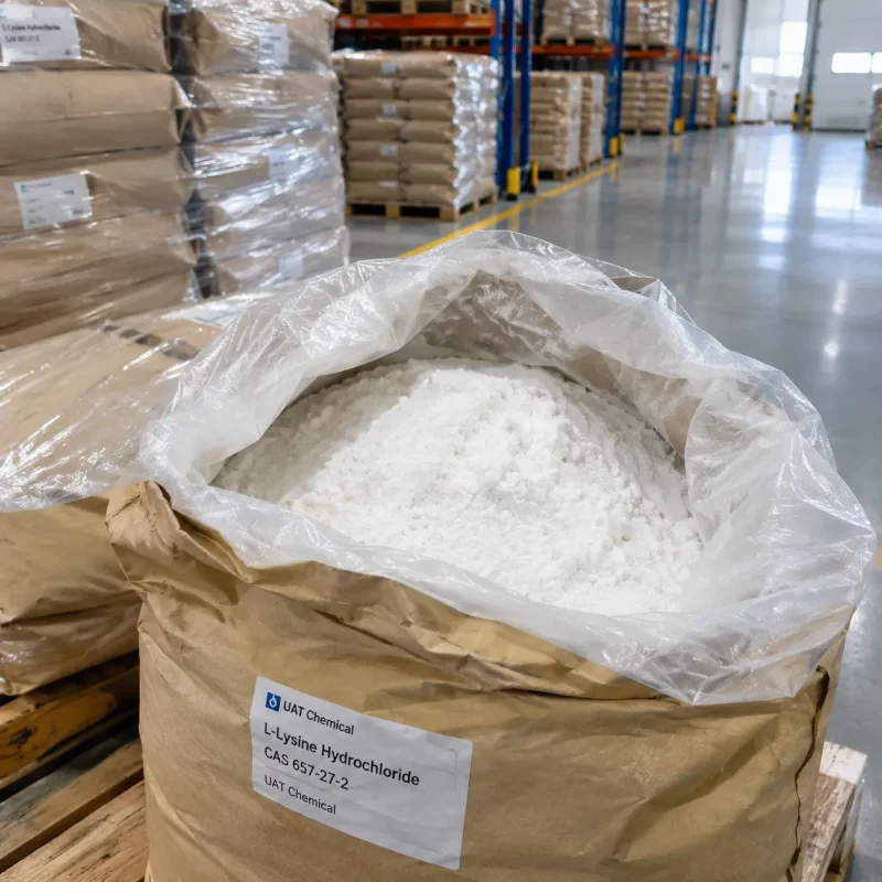 Close-up of white L-Lysine Hydrochloride powder CAS 657-27-2 inside an open bulk bag in a warehouse.