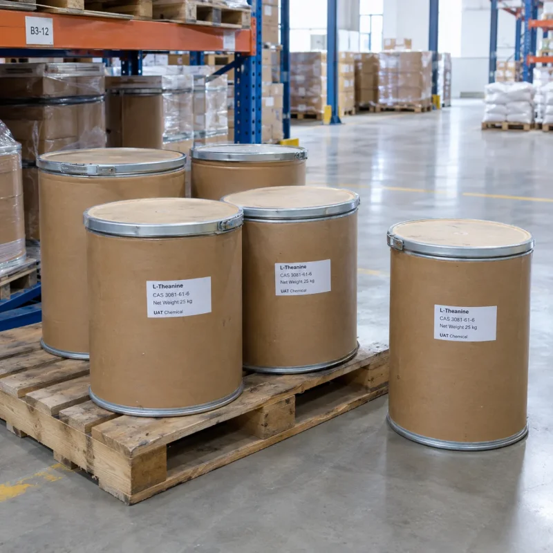 l-theanine-cas-3081-61-6-25kg-fiber-drums-pallet Several 25kg fiber drums of L-Theanine CAS 3081-61-6 on a wooden pallet in a warehouse storage area.