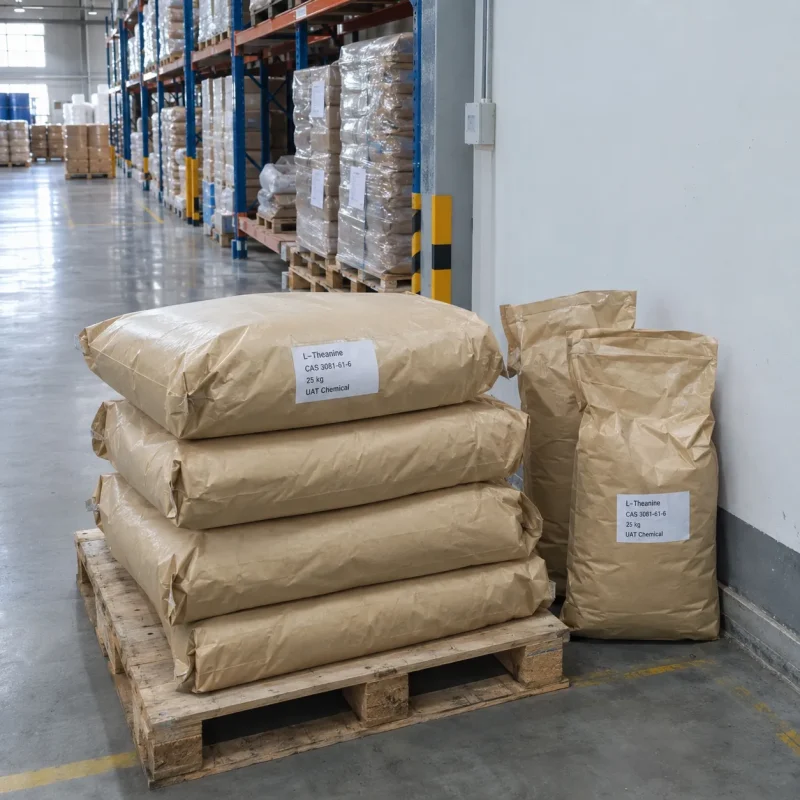 l-theanine-cas-3081-61-6-25kg-paper-bags-pallet Stacked 25kg brown paper bags of L-Theanine CAS 3081-61-6 on a wooden pallet in a warehouse aisle.