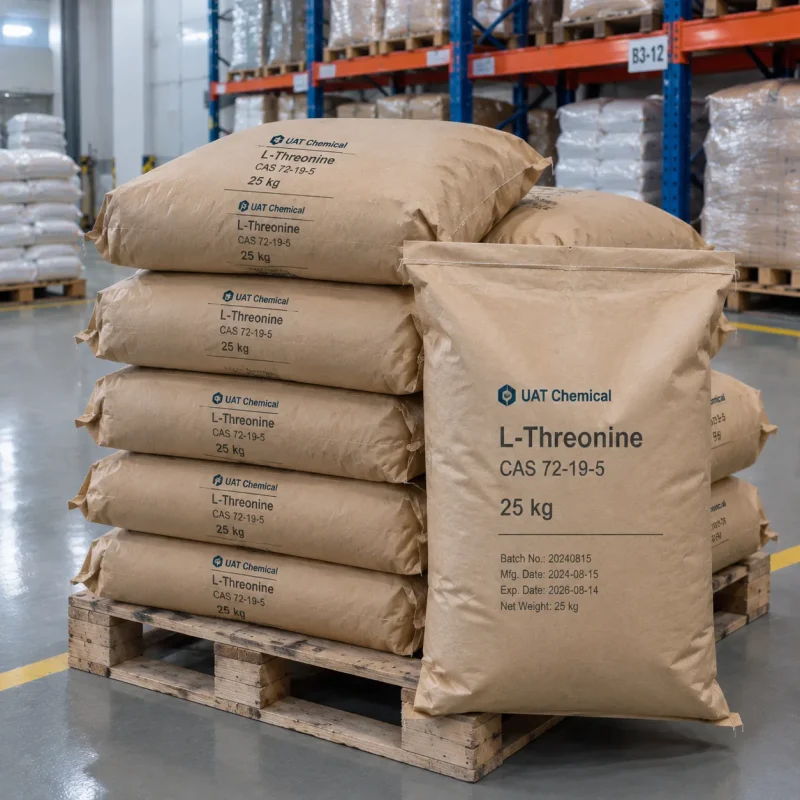 Stacked 25kg paper bags of L-Threonine CAS 72-19-5 on a wooden pallet in warehouse.