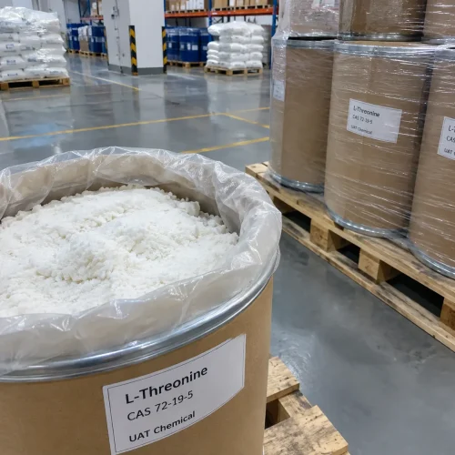 Open fiber drum filled with white L-Threonine powder CAS 72-19-5 in warehouse storage.