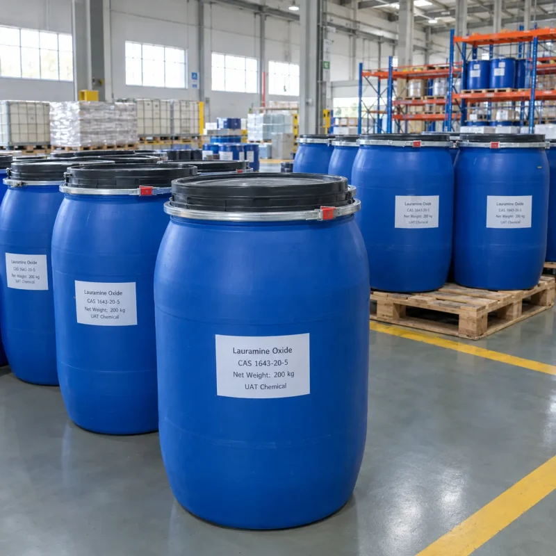lauramine-oxide-cas-1643-20-5-200kg-blue-plastic-drums Rows of blue plastic drums labeled Lauramine Oxide CAS 1643-20-5, Net Weight 200 kg, on wooden pallets in a warehouse.