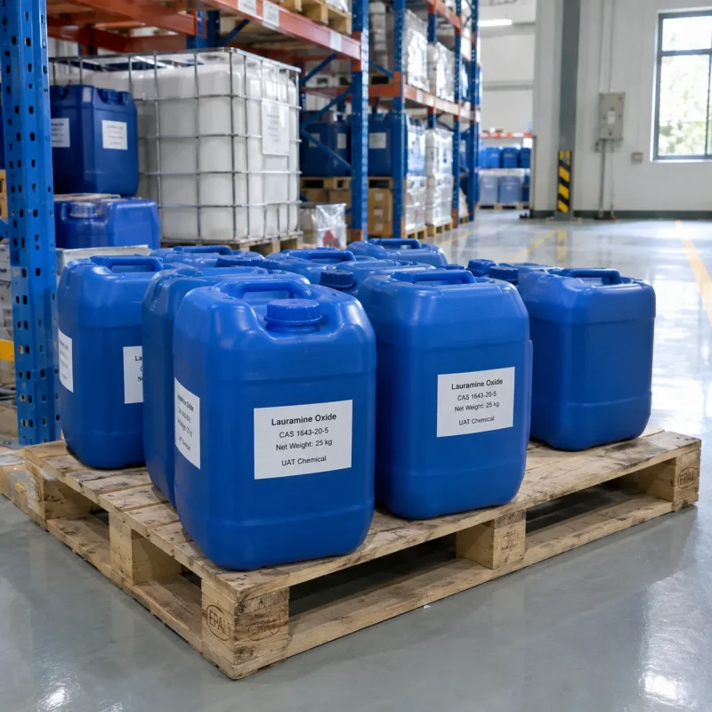 lauramine-oxide-cas-1643-20-5-25kg-blue-jerrycans-pallet Blue plastic jerrycans of Lauramine Oxide CAS 1643-20-5, Net Weight 25 kg, stacked on a wooden pallet in a warehouse.