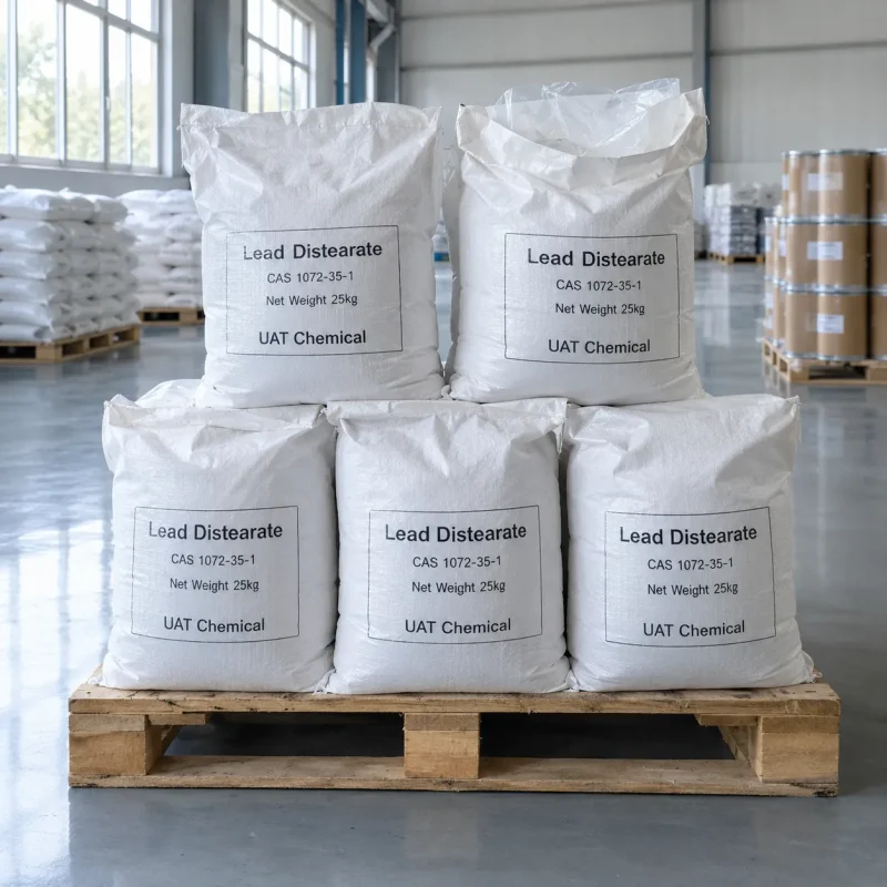 lead-distearate-cas-1072-35-1-25kg-woven-bags-pallet Lead Distearate CAS 1072-35-1 in 25 kg white woven bags stacked on pallet in warehouse