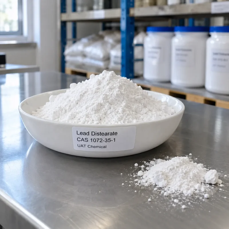 lead-distearate-cas-1072-35-1-white-powder-sample-bowl Lead Distearate CAS 1072-35-1 white powder in ceramic bowl on stainless steel table