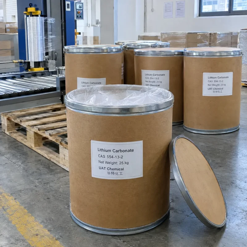 lithium-carbonate-cas-554-13-2-25kg-fiber-drums-open-drum 25kg brown fiber drums of Lithium Carbonate CAS 554-13-2 with one open drum showing inner liner and its lid beside, near packaging equipment in a factory.