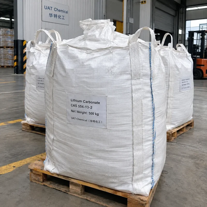 lithium-carbonate-cas-554-13-2-500kg-fibc-bulk-bags-pallet White FIBC bulk bags labeled Lithium Carbonate CAS 554-13-2 with 500 kg net weight on wooden pallets in a warehouse with a forklift behind.
