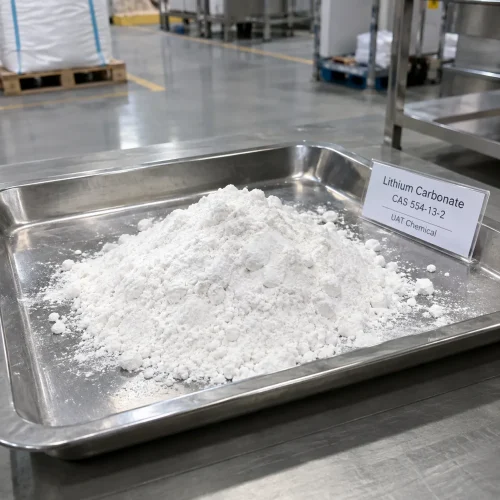 lithium-carbonate-cas-554-13-2-white-powder-sample-tray Pile of white Lithium Carbonate powder CAS 554-13-2 in a stainless steel tray with a product label in a factory with bulk bags on pallets behind.