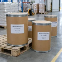 magnesium-bisglycinate-cas-14783-68-7-fiber-drum-packaging Magnesium Bisglycinate CAS 14783-68-7 packed in fiber drums on pallet in warehouse