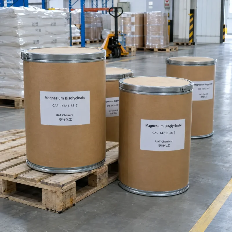 magnesium-bisglycinate-cas-14783-68-7-fiber-drum-packaging Magnesium Bisglycinate CAS 14783-68-7 packed in fiber drums on pallet in warehouse