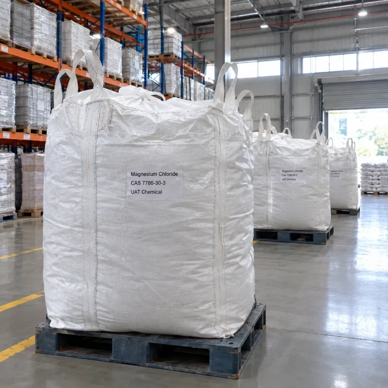 magnesium-chloride-cas-7786-30-3-fibc-ton-bags Magnesium chloride CAS 7786-30-3 in white FIBC ton bags standing on pallets in warehouse
