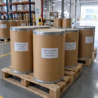 magnesium-chloride-cas-7786-30-3-fiber-drums Magnesium chloride CAS 7786-30-3 packed in cardboard fiber drums on wooden pallets in warehouse