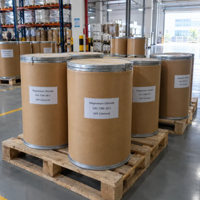 magnesium-chloride-cas-7786-30-3-fiber-drums Magnesium chloride CAS 7786-30-3 packed in cardboard fiber drums on wooden pallets in warehouse