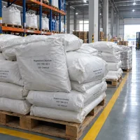 magnesium-chloride-cas-7786-30-3-woven-bags-pallets Magnesium chloride CAS 7786-30-3 in white woven bags stacked on wooden pallets in warehouse