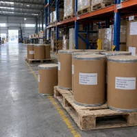 magnesium-sulfate-heptahydrate-cas-10034-99-8-25kg-cardboard-fiber-drum Cardboard fiber drums with metal lids labeled magnesium sulfate heptahydrate (CAS 10034-99-8), net weight 25 kg, arranged on wooden pallets in a warehouse
