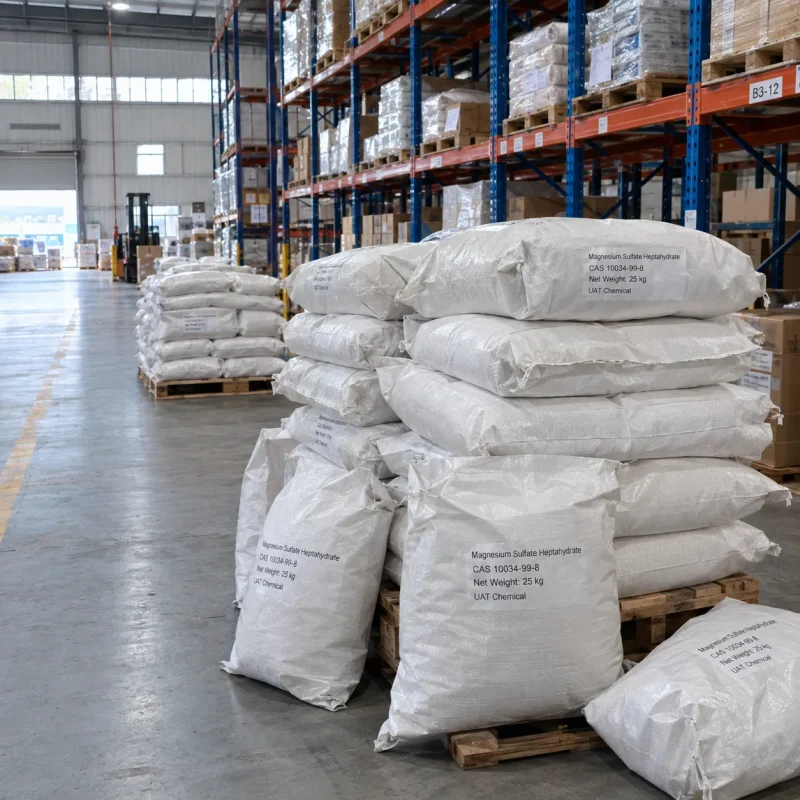 magnesium-sulfate-heptahydrate-cas-10034-99-8-25kg-woven-bag Stacked white woven polypropylene bags of magnesium sulfate heptahydrate (CAS 10034-99-8), net weight 25 kg per bag, on wooden pallets in a warehouse