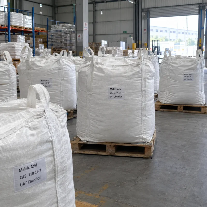 Maleic Acid (CAS 110-16-7) in white bulk bags with lifting loops on wooden pallets in a warehouse