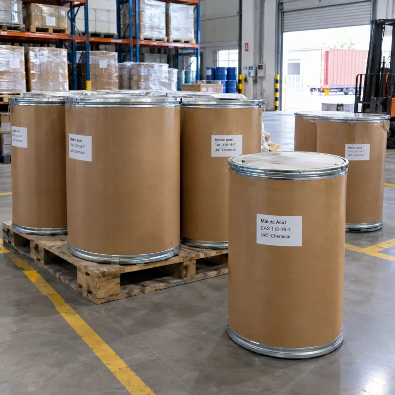 Maleic Acid (CAS 110-16-7) in cardboard fiber drums with metal rims on wooden pallets in a warehouse