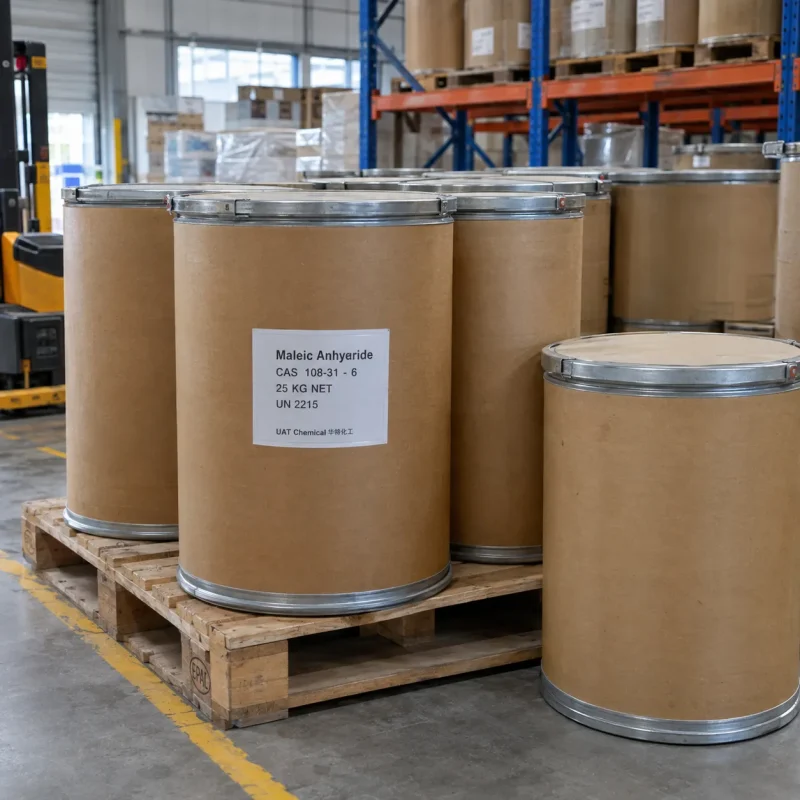 maleic-anhydride-cas-108-31-6-25kg-fiber-drums-pallet Brown fiber drums labeled Maleic Anhydride CAS 108-31-6 UN 2215 with 25 kg net weight on a wooden pallet in a warehouse with racks and a forklift in the background.