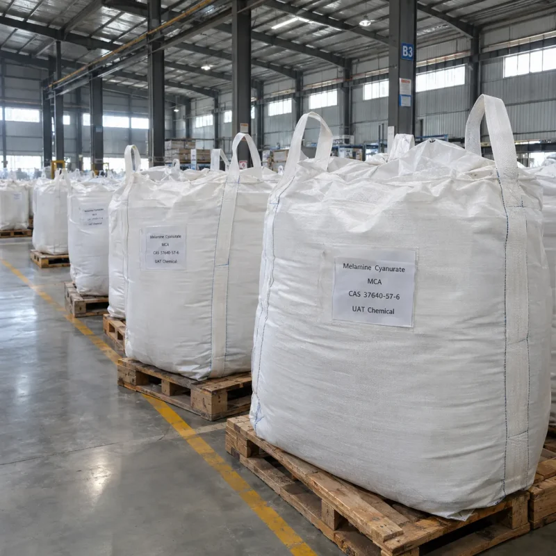 Row of white FIBC bulk bags labeled Melamine Cyanurate MCA CAS 37640-57-6 on wooden pallets in a warehouse.