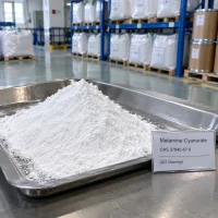 Pile of white Melamine Cyanurate powder CAS 37640-57-6 in a stainless steel tray with a product label in a warehouse.