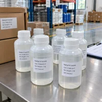 methyl-d-lactate-cas-17392-83-5-1kg-sample-bottles Several clear plastic bottles containing Methyl D-Lactate CAS 17392-83-5, net weight 1 kg, on a metal table in a warehouse.