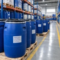 methyl-d-lactate-cas-17392-83-5-200kg-blue-drums-warehouse Rows of large blue drums containing Methyl D-Lactate CAS 17392-83-5, net weight 200 kg, on wooden pallets in a warehouse aisle.