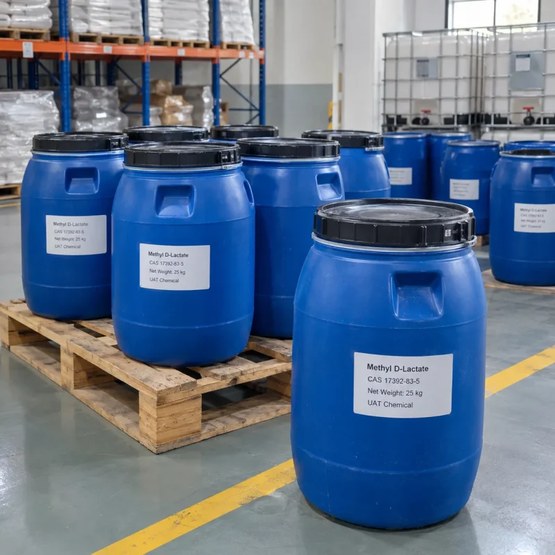 methyl-d-lactate-cas-17392-83-5-25kg-blue-drums Blue plastic drums of Methyl D-Lactate CAS 17392-83-5, net weight 25 kg, stacked on wooden pallets in a warehouse.