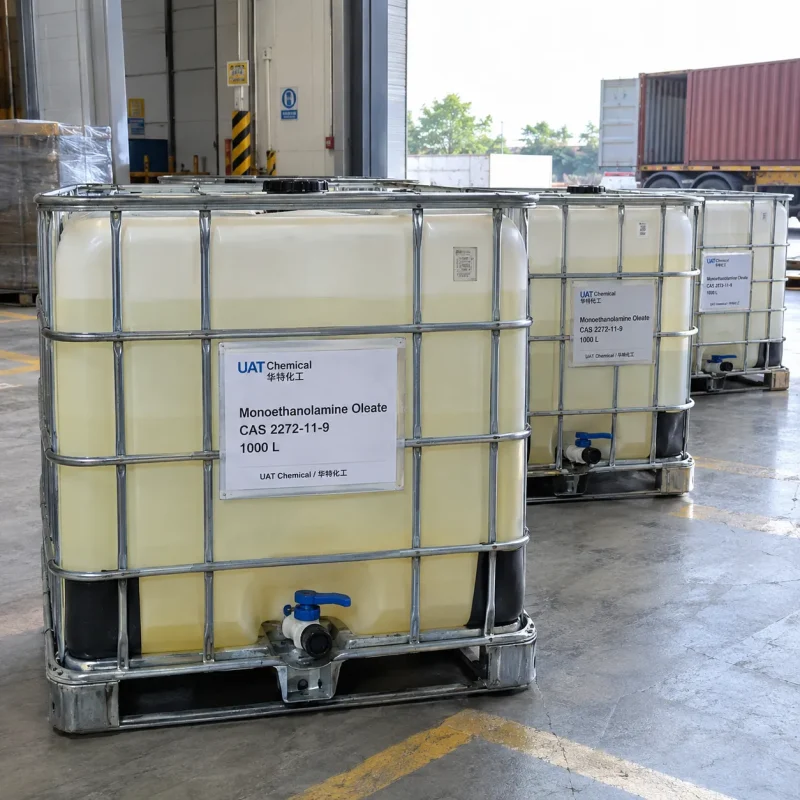 IBC totes of 1000 L monoethanolamine oleate (CAS 2272-11-9) filled with pale yellow liquid in a loading area