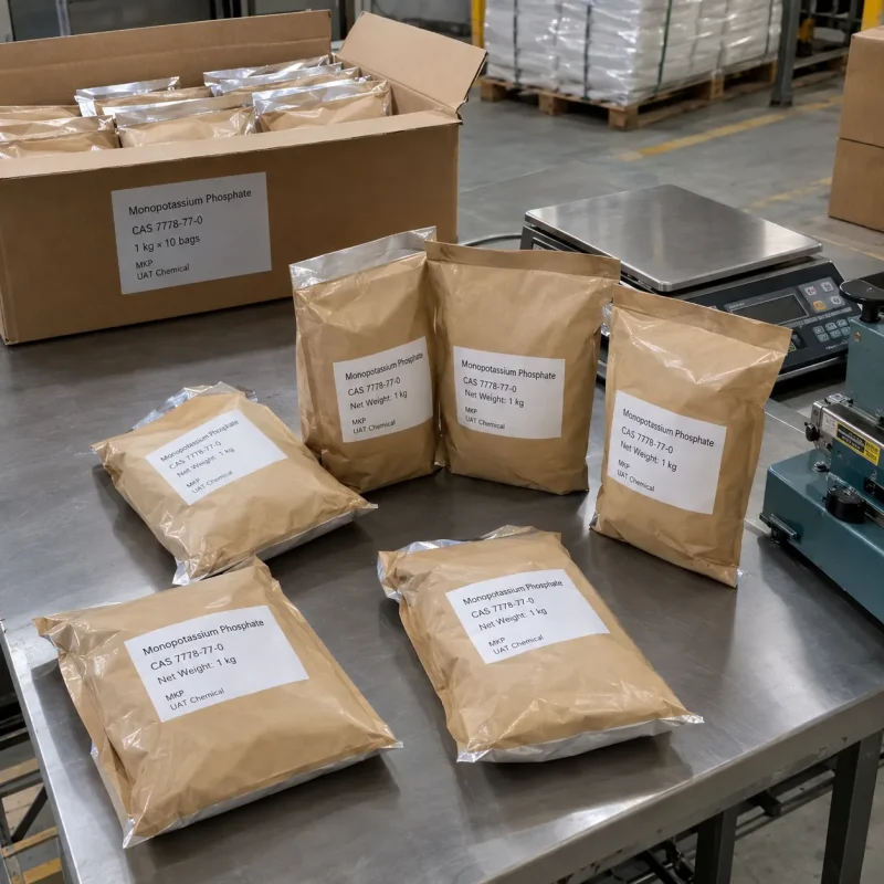 monopotassium-phosphate-cas-7778-77-0-1kg-foil-bags Monopotassium phosphate (MKP, CAS 7778-77-0) 1 kg foil bags labeled UAT Chemical with 10-bag carton on packing table