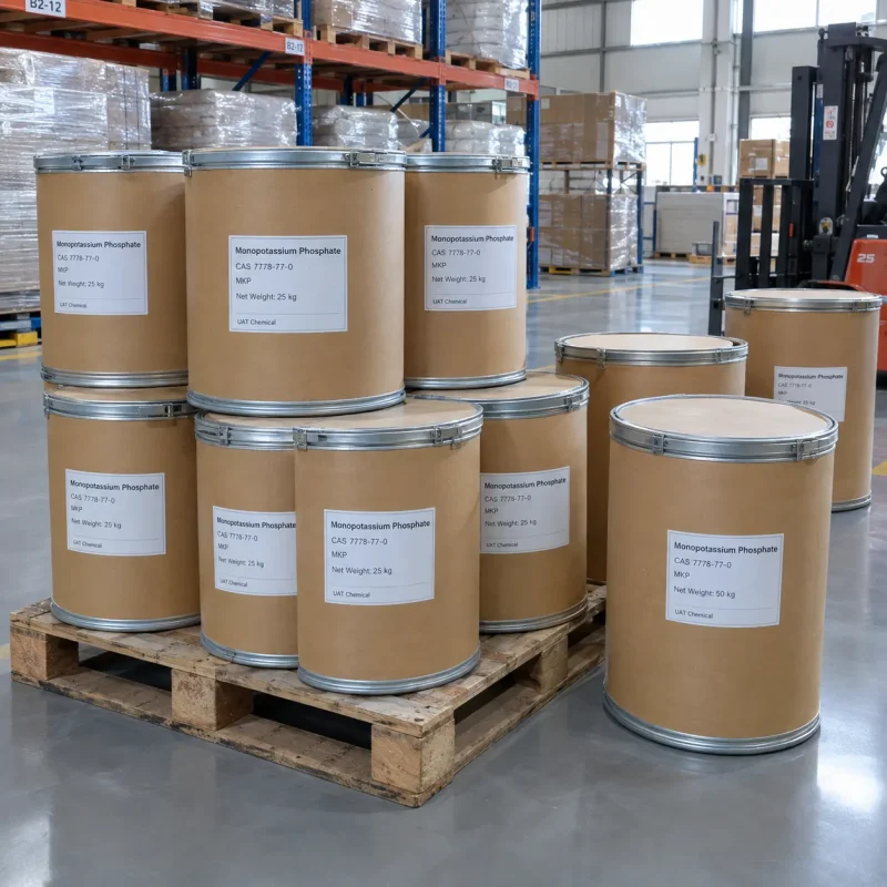 monopotassium-phosphate-cas-7778-77-0-25kg-fiber-drums Monopotassium phosphate (MKP, CAS 7778-77-0) in 25 kg fiber drums labeled UAT Chemical on a warehouse pallet