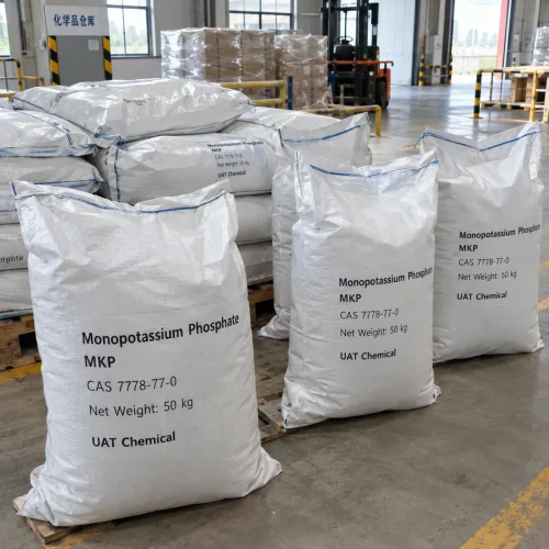 monopotassium-phosphate-cas-7778-77-0-50kg-woven-bags Monopotassium phosphate (MKP, CAS 7778-77-0) packed in 50 kg white woven bags labeled UAT Chemical on warehouse pallets