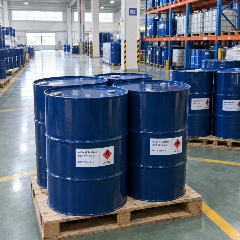 Blue steel drums of n-butyl acetate (CAS 123-86-4) with UN 1123 flammable liquid labels on a pallet in a chemical warehouse