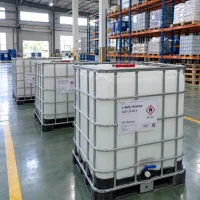 White 1000 L IBC totes of n-butyl acetate (CAS 123-86-4) with UN 1123 flammable labels and bottom valves in a warehouse