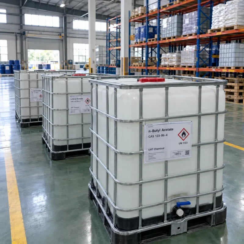 White 1000 L IBC totes of n-butyl acetate (CAS 123-86-4) with UN 1123 flammable labels and bottom valves in a warehouse