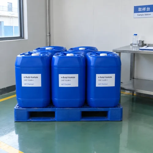 Blue plastic jerrycans of n-butyl acetate (CAS 123-86-4) labeled UAT Chemical on a plastic pallet at a sample station