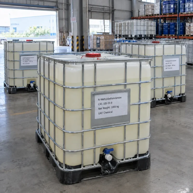 N-Methyldiethanolamine (CAS 105-59-9) stored in 1000 kg white IBC containers (intermediate bulk containers) in a warehouse