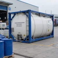 N-Methyldiethanolamine (CAS 105-59-9) loaded in an 18000 L ISO tank container at a chemical factory yard