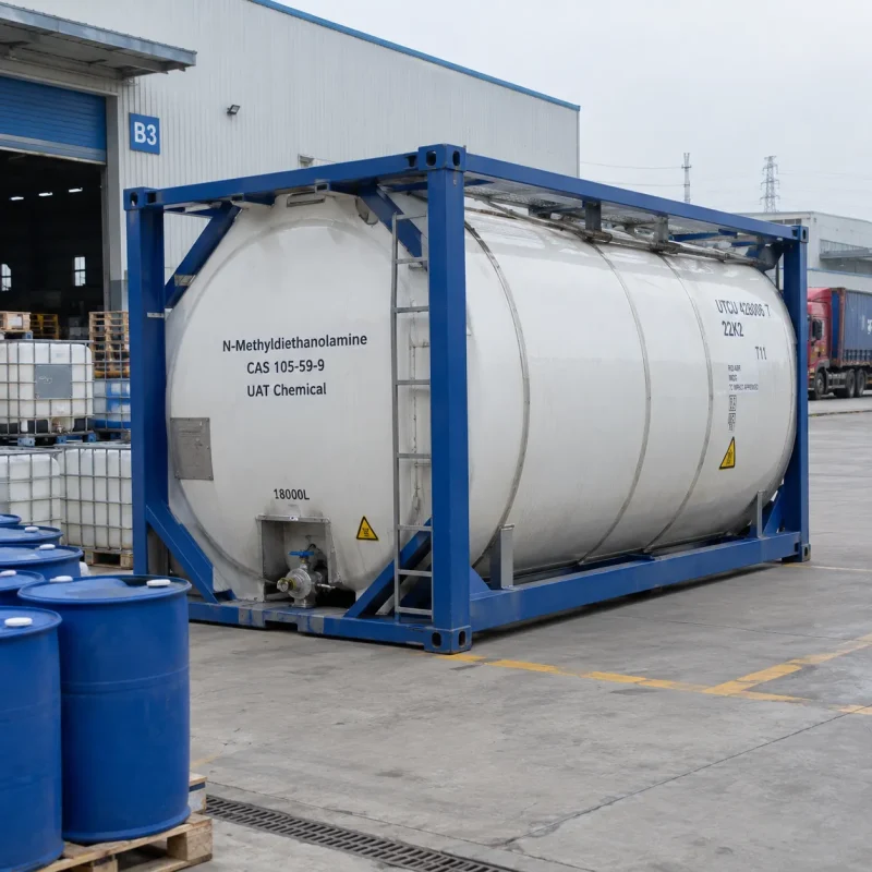 N-Methyldiethanolamine (CAS 105-59-9) loaded in an 18000 L ISO tank container at a chemical factory yard