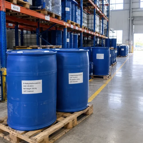 N-Methyldiethanolamine (CAS 105-59-9) packed in 200 kg blue plastic drums standing on wooden pallets in a warehouse racking area