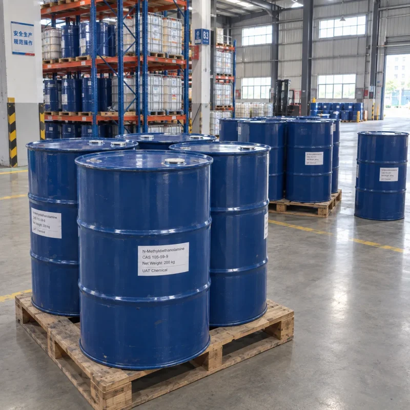 N-Methyldiethanolamine (CAS 105-59-9) packed in 200 kg blue steel drums placed on wooden pallets in a warehouse
