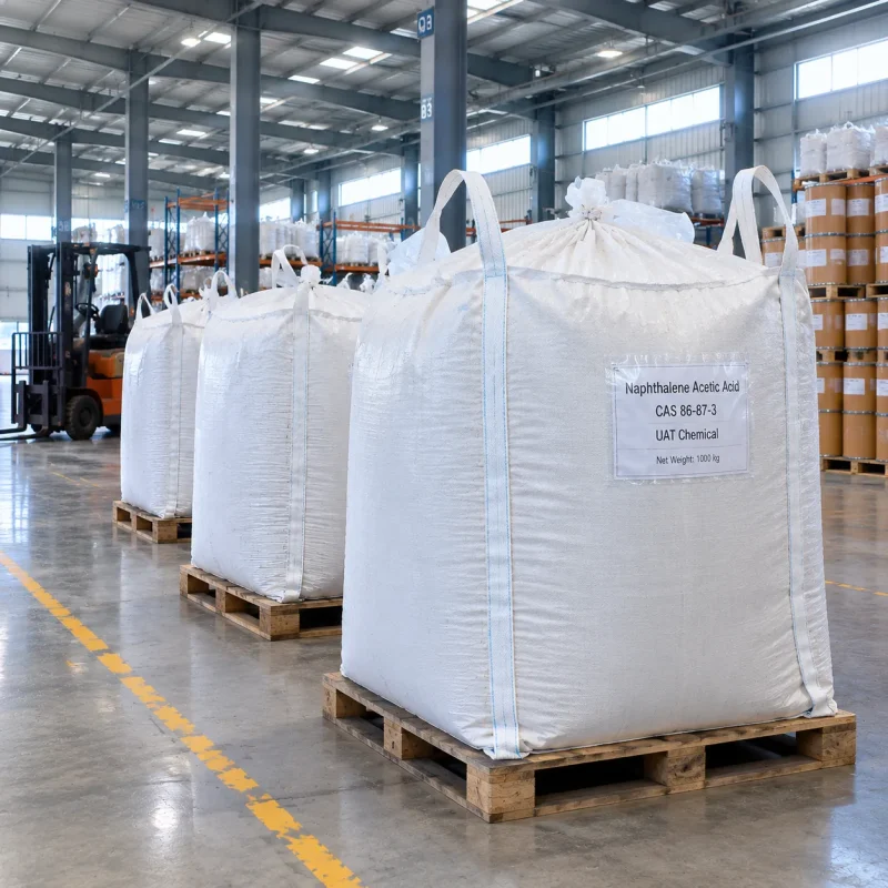 Naphthalene acetic acid (NAA, CAS 86-87-3) in 1000 kg FIBC ton bags labeled UAT Chemical on warehouse pallets