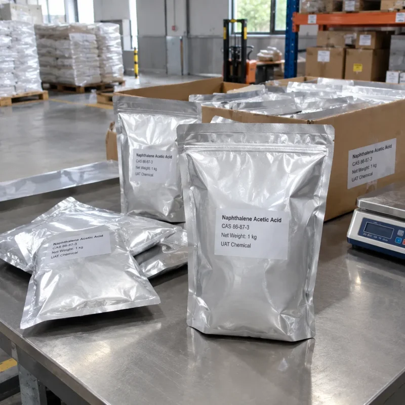 Naphthalene acetic acid (NAA, CAS 86-87-3) in 1 kg aluminum foil bags labeled UAT Chemical beside carton and scale