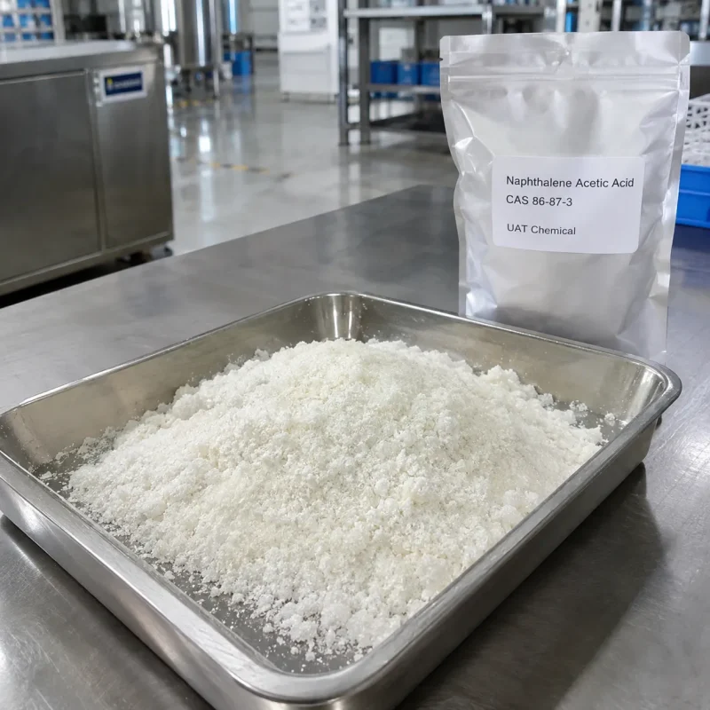 Naphthalene acetic acid (NAA, CAS 86-87-3) white powder in a stainless steel tray with a foil pouch bag behind