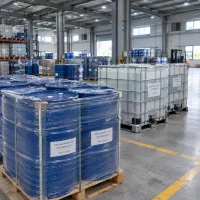 neodecanoic-acid-cas-26896-20-8-drums-ibc-warehouse Neodecanoic acid CAS 26896-20-8 in shrink-wrapped steel drums and IBC totes stored in warehouse